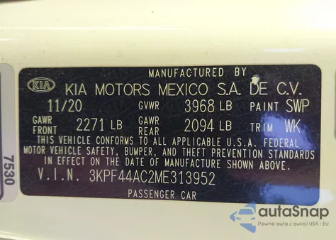 2021 Kia Forte Gt из США, поврежденный, VIN 3KPF44AC2ME313952